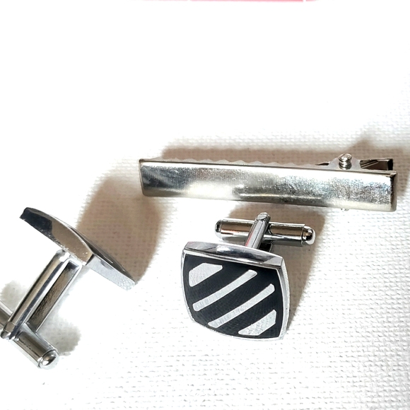 NEW 3pc. Cufflinks: "Striped" Stainless Steel/Enamel & Tie Bar. Bullet Back - Picture 4 of 8